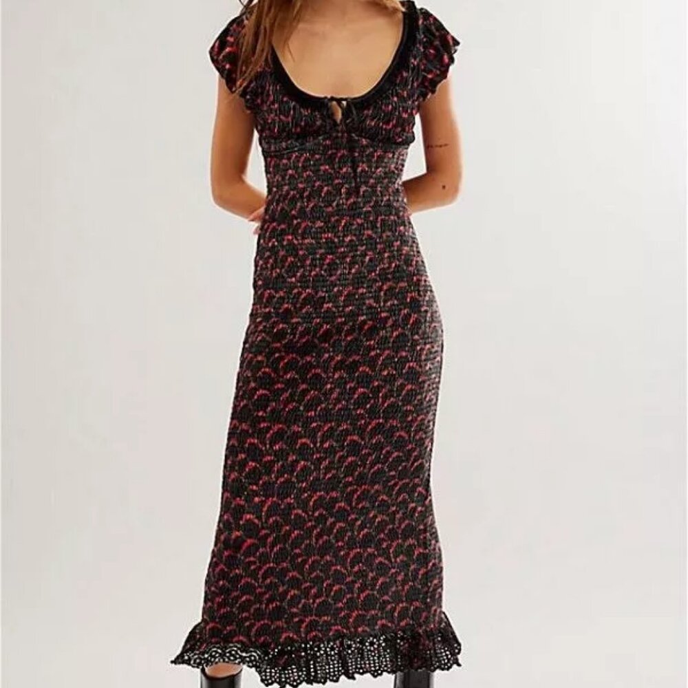 Free People Mckenna Dobby Velvet Midi Dress Black Combo Size XL NWOT